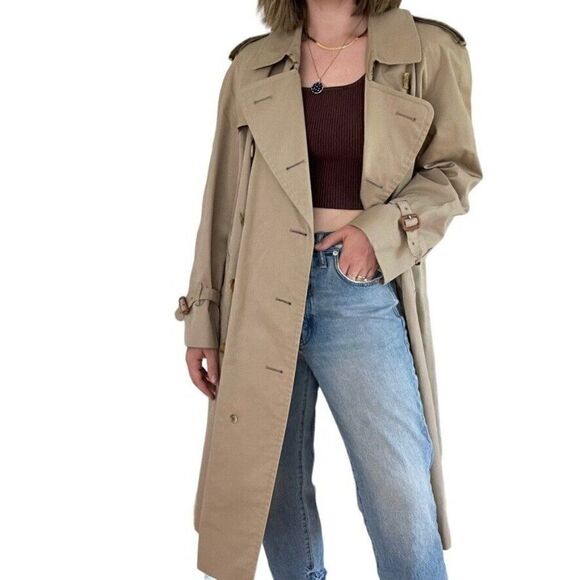 Vintage Mens Burberry Tan Khaki Beige Nova Check Long Trench Rain Coat 50 Short - Picture 8 of 12